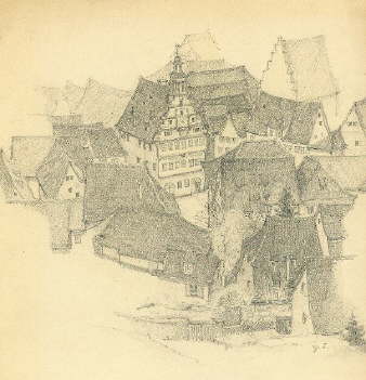 R0025-Esslingen,Rathaus 1920,Bleistiftzeichnung